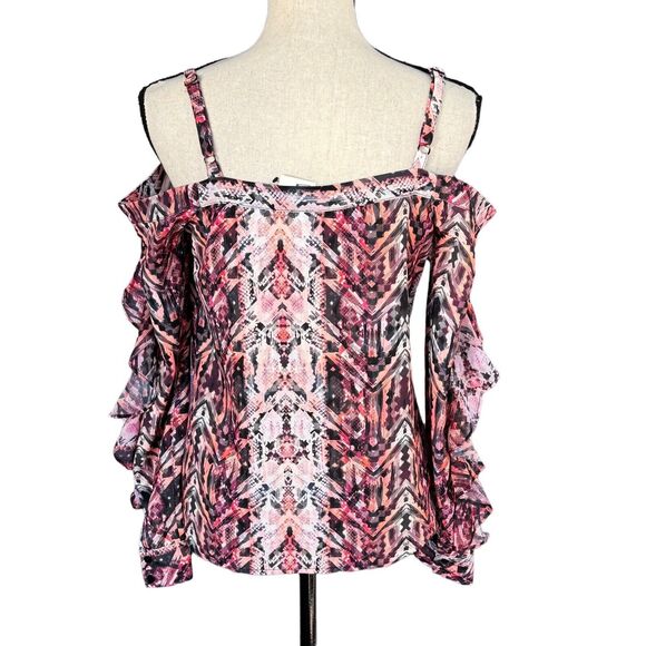 Bar III X-Small Button-Up Top Cold-Shoulder Long Ruffled Sleeve Abstract Snake - Picture 7 of 11
